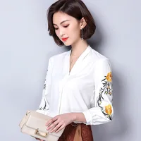 Chiffon Blouses Women Simple Long Sleeve Spring Autumn New Shirts Office Ladies V-neck Embroidered Casual Tops Clothes H9041 1
