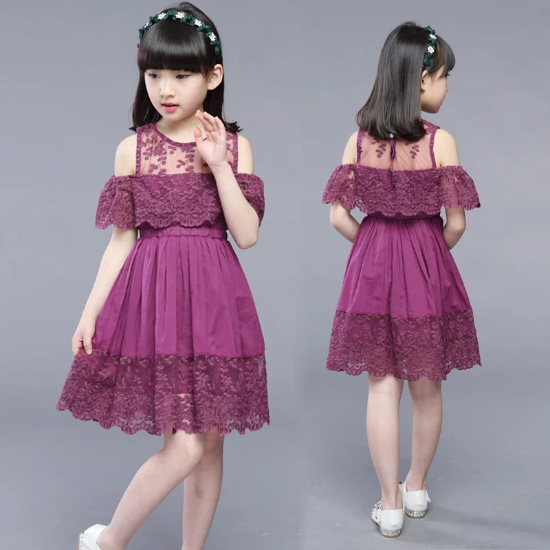 

Summer Teenager Girls Dew Shoulder Strap Dresses Cotton Princess Sleeveless Lace Children Net Flower Girl Dress
