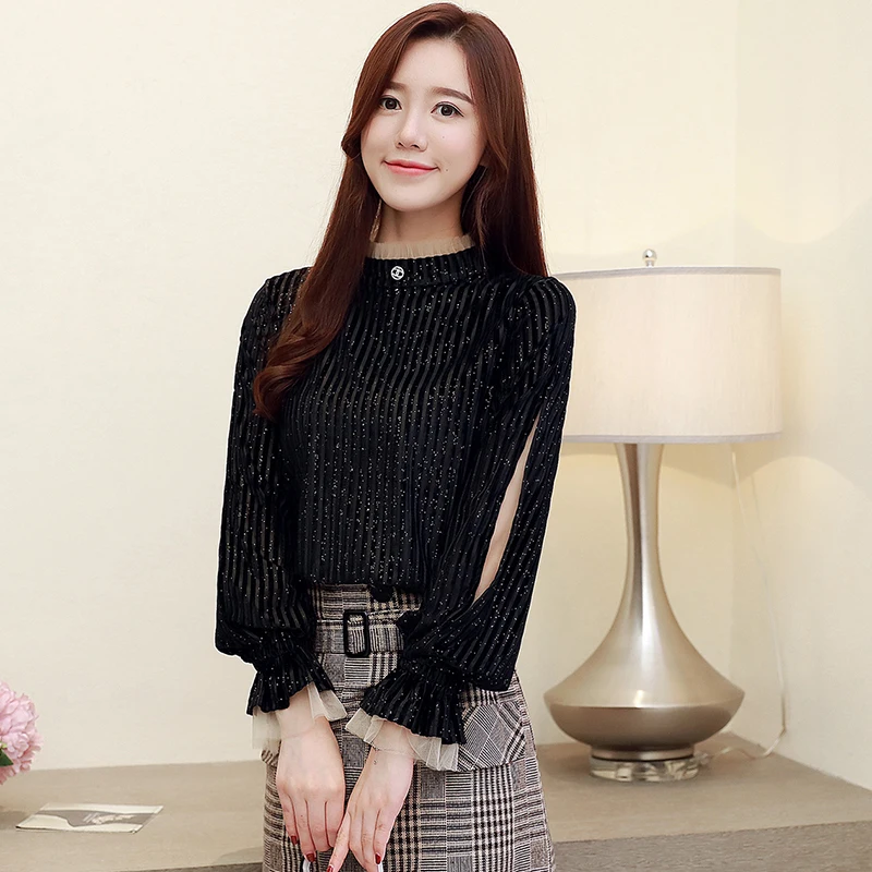 

New 2019 Spring Lantern Sleeve Velvet Base Blouse Shirt Pink Black 851