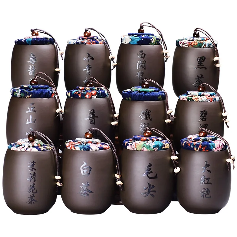 

Calligraphy Pattern Tea Box Sealed Small Tea Jar Purple Clay Storage Box For Kitchen Spice Organizer Portable Coffee Tank Cans
