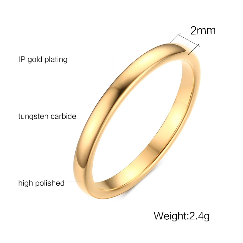 Vnox милые Для женщин золото-цвет Кольца Мода 2 мм Вольфрам карбида Обручальные кольца для Для женщин ювелирные изделия