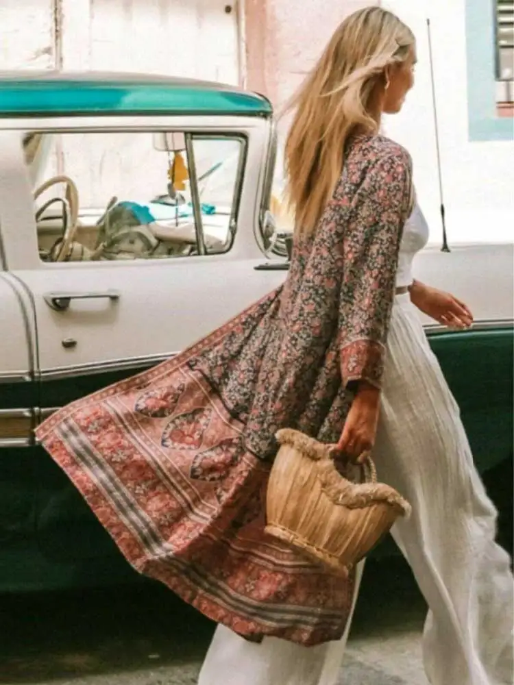 

Women dresses 2019 rayon jasmine floral print beach summer flare sleeve straight loose BOHO mid-long streetwear vestidos