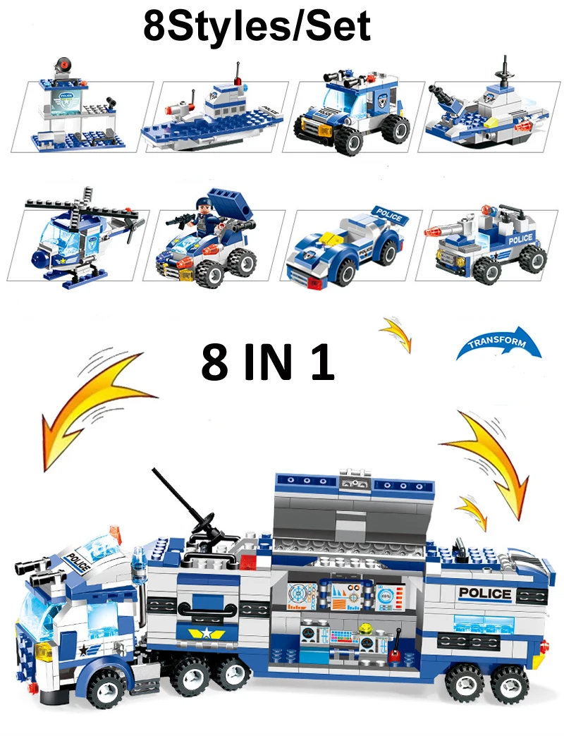 Kaufen SWAT Stadt Polizei Serie 647PCS 762PCS 8 in 1 Lkw Waffe Gun DIY Bricks Bausteine Spielzeug Für junge Kompatibel mit Legoinglys