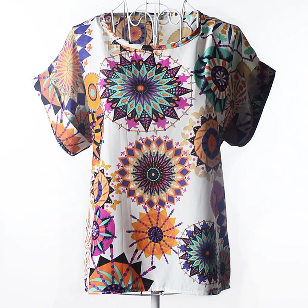 

2019 Summer Women's Fashion Blouse Round Neck Retro Psychedelic Printed Chiffon Shirts Short Sleeve Top Camisa Feminina Clothing