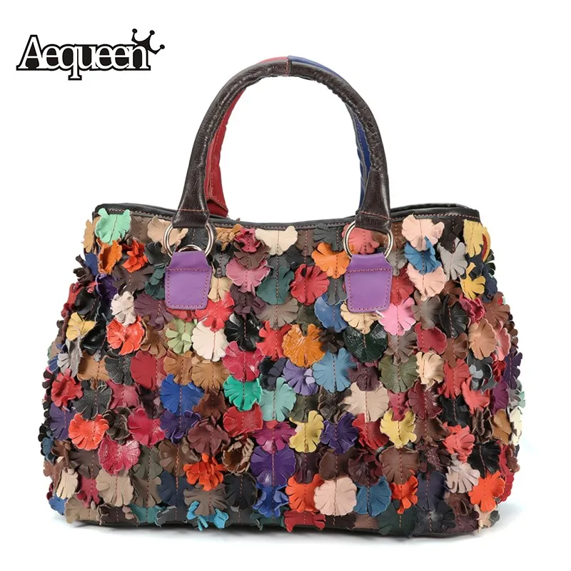 

AEQUEEN Flower Handbag Womens Shoulder Bags Colorful Patchwork Sheep Leather Crossbody Bag Lady Totes Hobos Bolsa Feminine
