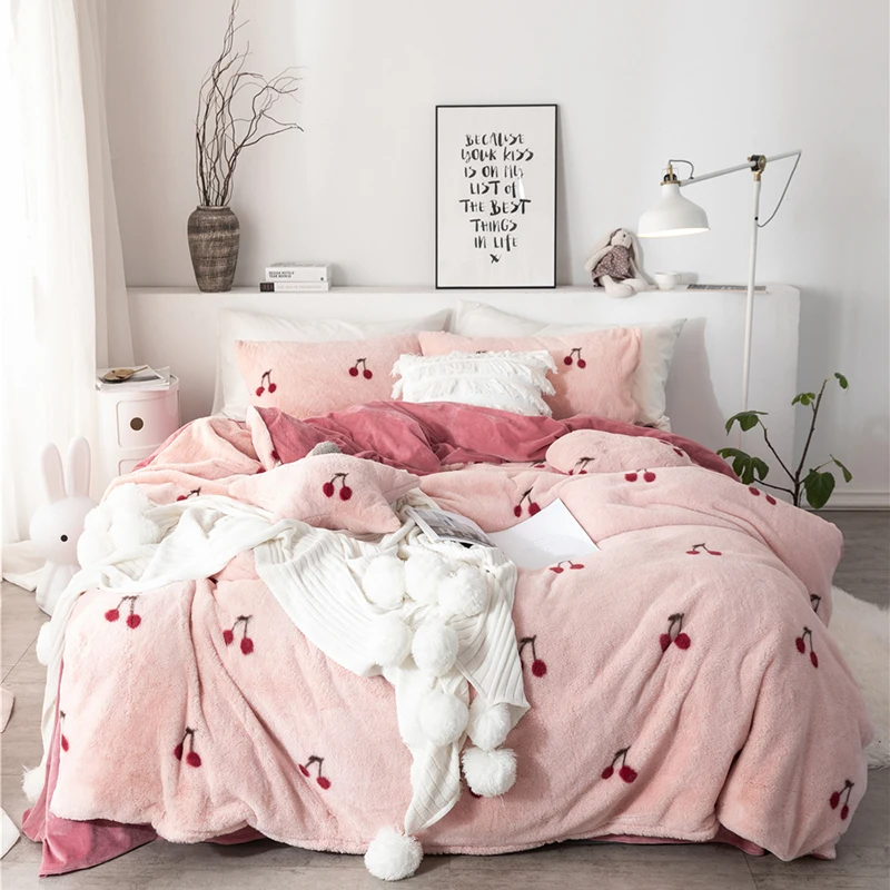 Pink Cherry Strawberry Printing Fleece Fabric Girl Bedding Set