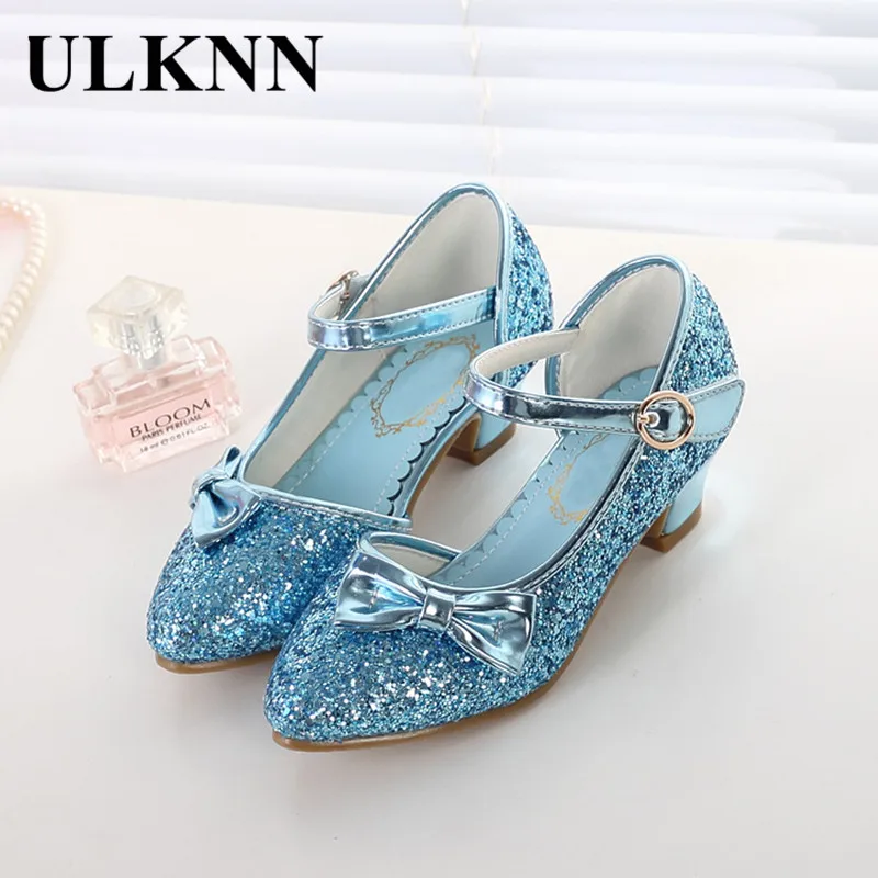 ULKNN/Летние босоножки для девочек с бантом-бабочкой; детская обувь для девочек; блестящие вечерние свадебные платья принцессы с закрытым носком; цвет синий, розовый - Цвет: Blue