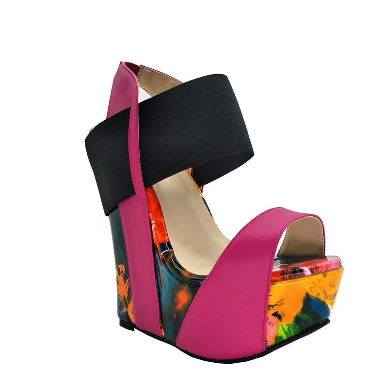 Fghgf/ г. Красные, синие Великолепные женские босоножки на танкетке с открытым носком на платформе Красивая разноцветная обувь женская обувь на высоком каблуке 16 см, размер США 4-1