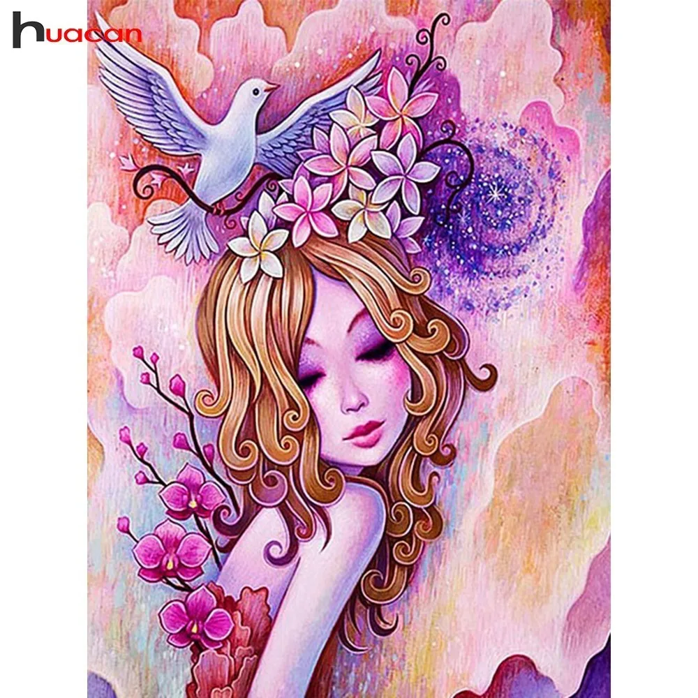 

HUACAN Diamond Painting Cartoon Diamond Embroidery Lady Cross Stitch Cartoon Full Round Drill Mosaic Kit Decoration Home