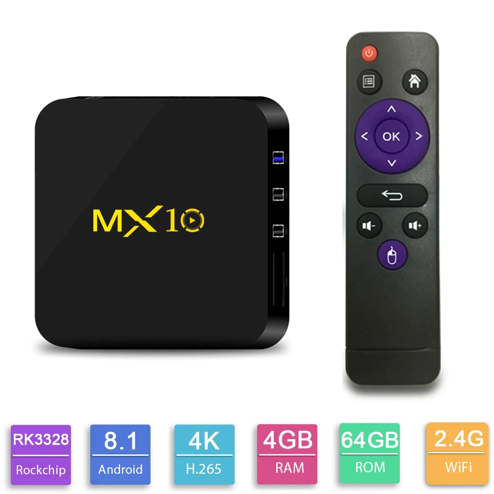 Android tv Box MX10 Smart tv Box 4 Гб DDR3 32 ГБ/64 Гб Rockchip RK3328 четырехъядерный 64-разрядный медиаплеер 4K 2,4 ГГц wifi USB 3,0