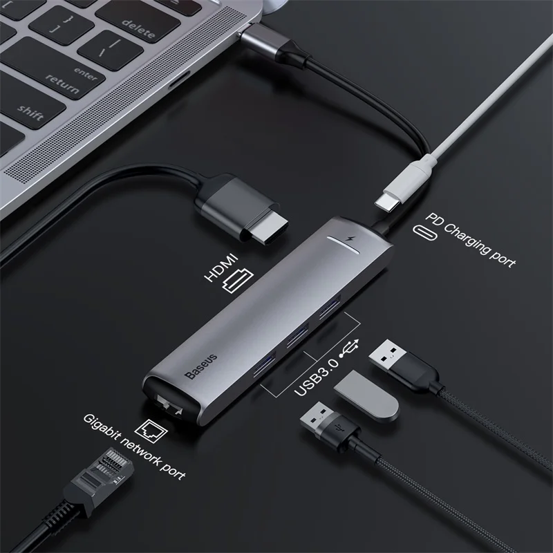 Baseus 6 puertos USB tipo C para USB 3,0 de USB C para MacBook Pro LED USB HUB RJ45 HDMI para samsung S8 S9 Huawei P20 amigo 20 tipo C HUB - 2