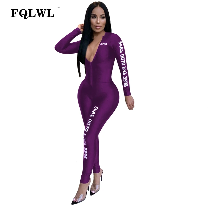 FQLWL черный облегающий женский комбинезон с длинным рукавом для женщин, комбинезон с буквенным принтом на молнии, обтягивающие женские комбинезоны - Цвет: Фиолетовый