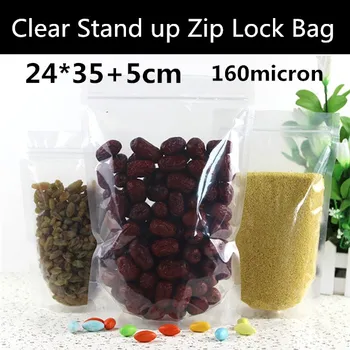 

Wholesale 50pcs 24x35cm+5cm 160micron Clear Laminated Food Packaging Plastic Bag Stand up Zip Lock Snack Bag