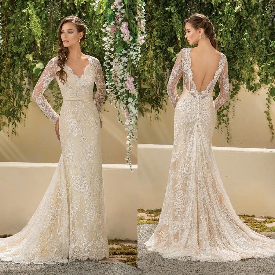 2017 Full Lace Wedding Dress Sheath Champagne V neck With