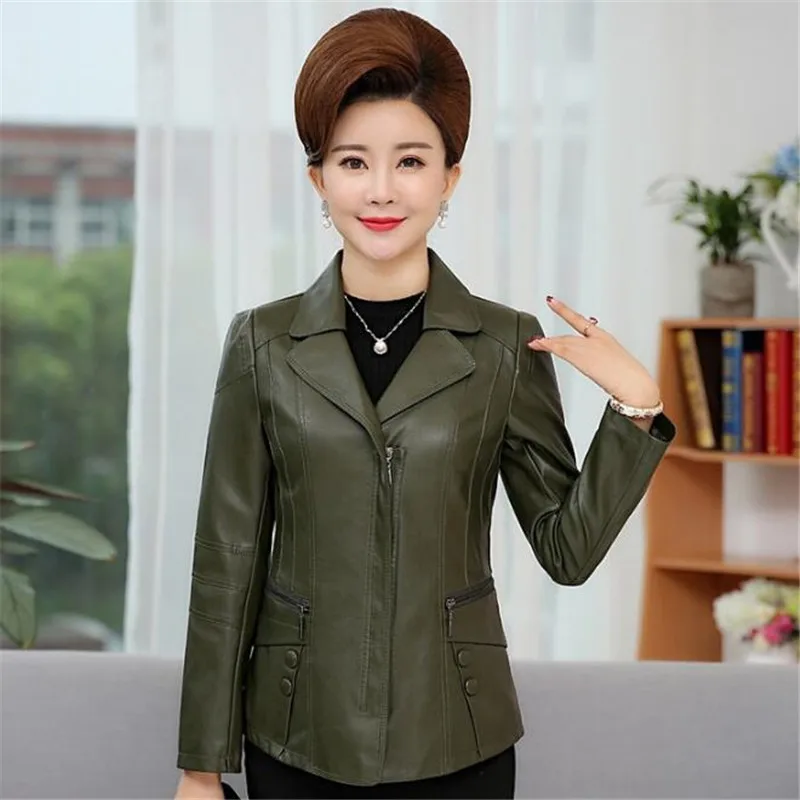4Xl 5Xl 6Xl для женщин среднего возраста кожаная куртка Pu кожаные куртки женские тонкие элегантные пальто размера плюс осенняя одежда A3884
