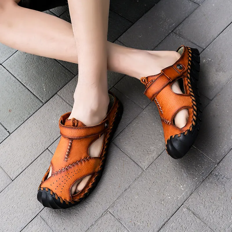 Big Size 6-12 Fisherman Close Toe Slippers Outside Man Summer Real Leather Sport Sandals Nonslip Beach Shoes