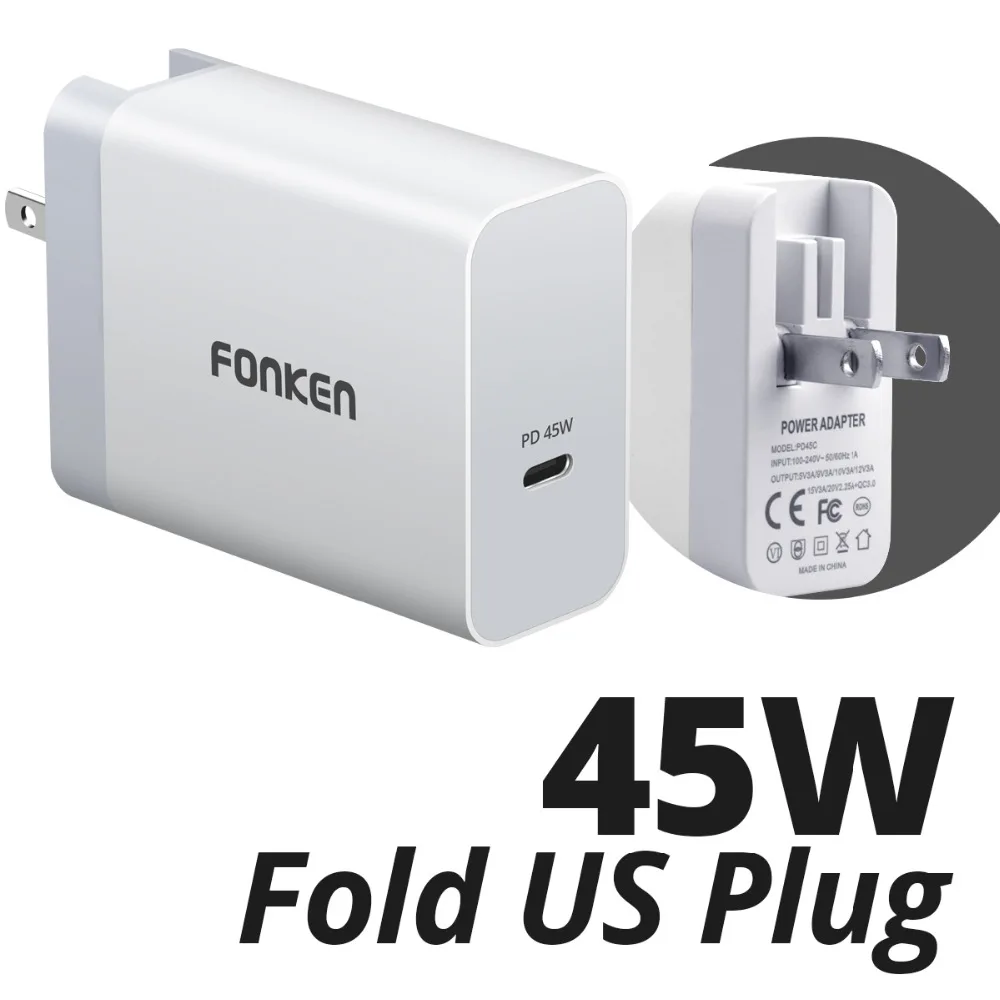 

FONKEN Type-C 45W PD Charger with USB C Cable Quick Charge Phone USB Charger 15V 3A Type C Laptop Fast Wall USB Travel Adapter