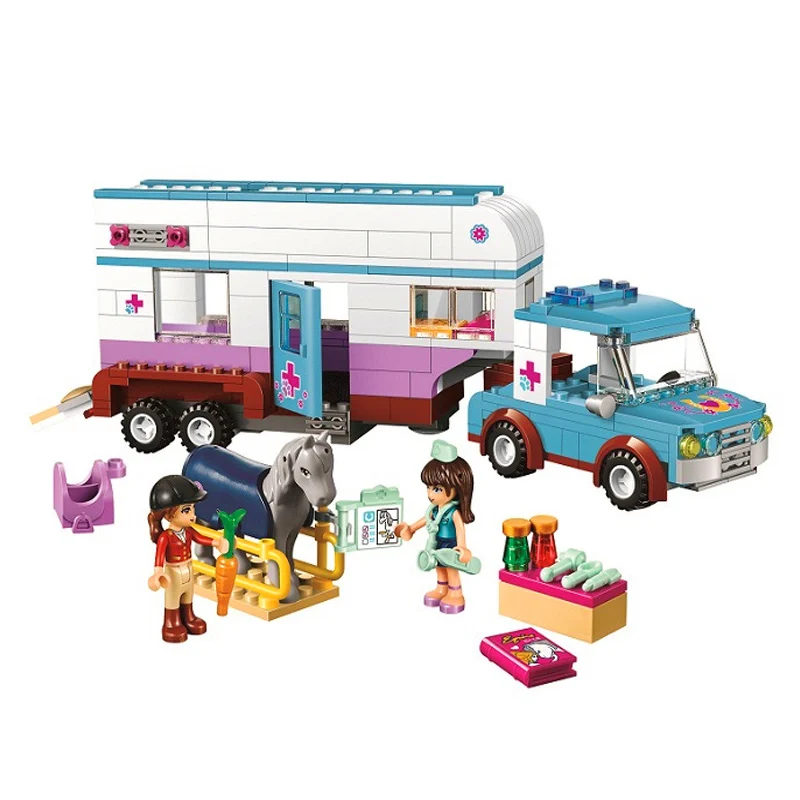 

387pcs Girl Club Series Horse Vet Trailer Touring Car Model Building Block Bricks Compatible Legoinglys Friends 41125 Kids Toys