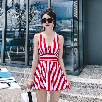 

Women one-piece swimsuit Slim summer stripe deep V-neck Skirt style Sexy Hollow one-piece swimsuit Woman 7031