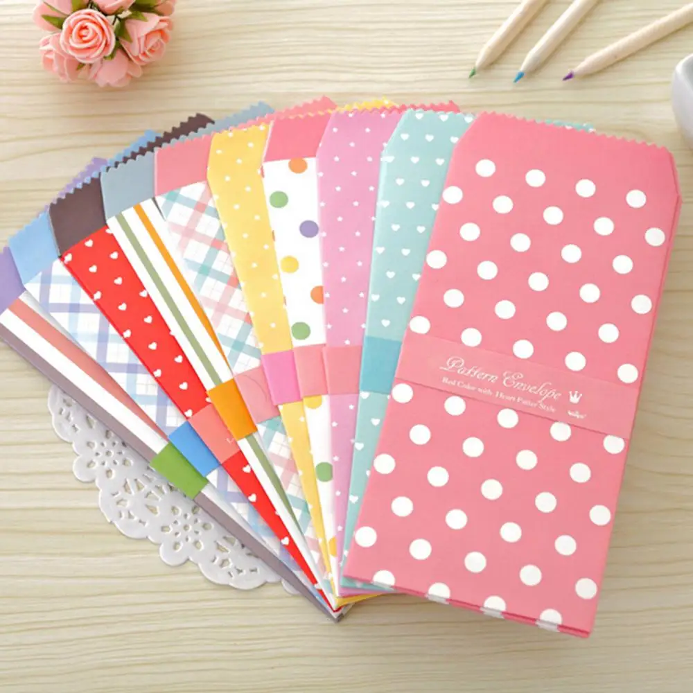 

10PCS/lot New Scrapbooking Cute Vintage Paper 19.5*8.5cm Stationery Storage Wedding Gift Window Card Dot Grid Envelope