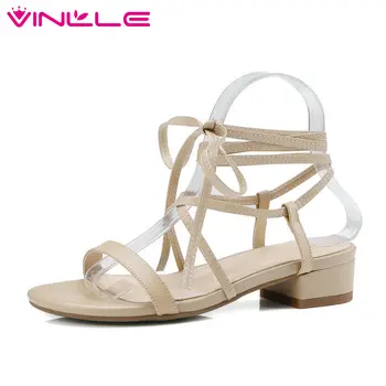 

VINLLE 2020 Women Sandals Cow Leather Fashion Women Shoes Platform Square Heel Round Toe Slingback Women Sandals Size 34-40