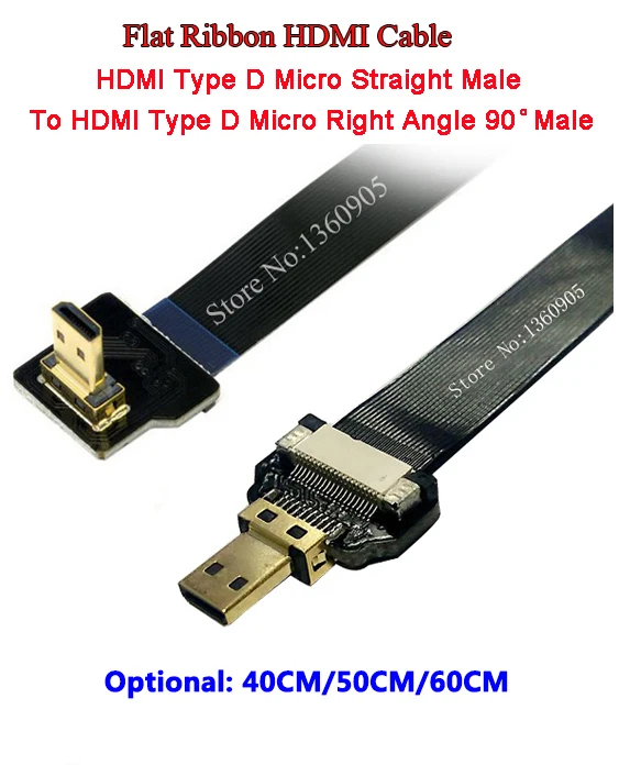 Ультра тонкий Micro HDMI прямой мужчина к Micro (тип D) правый угол Мужской плоский ленточный FPV кабель-40 см/50 см/60 см дополнительно
