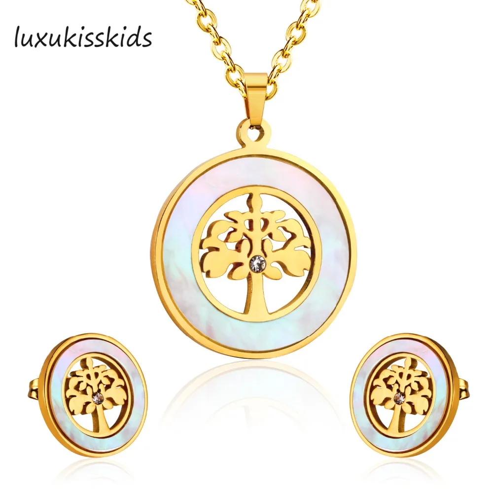 

LUXUKISSKIDS Stainless steel Shell Jewelry set Round Shape Around Tree Necklace Earring Sets For Christmas Tree Gift