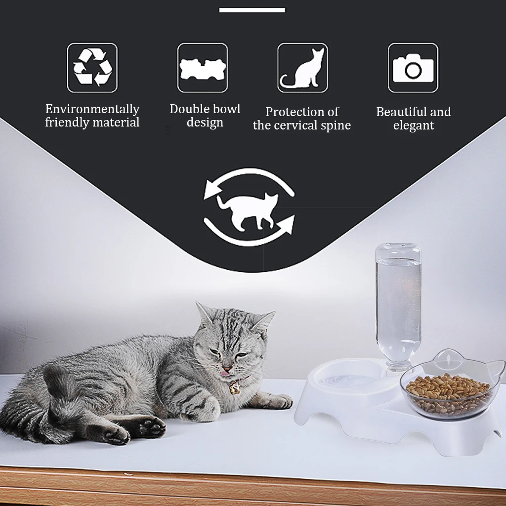 Косая двойная миска для домашних кошек с держателем, противоскользящая миска для корма для кошек, миска для воды, идеально подходит для кошек и маленьких собак