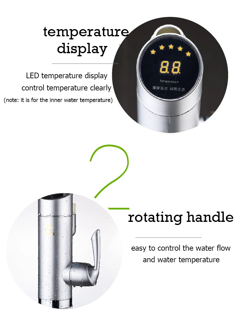 DMWD Electric Kitchen Heater Tap Temperature Display Tankless Instantaneous Hot Water Heating Faucet Boiler Shower 3000W EU Plug