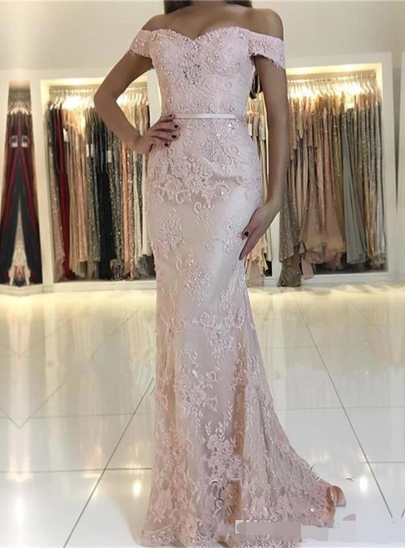 

Cheap Mermaid Formal Evening Dress 2019 Off the Shoulder Cap Sleeve Lace Beaded Backless evening Prom dresses robe de soiree
