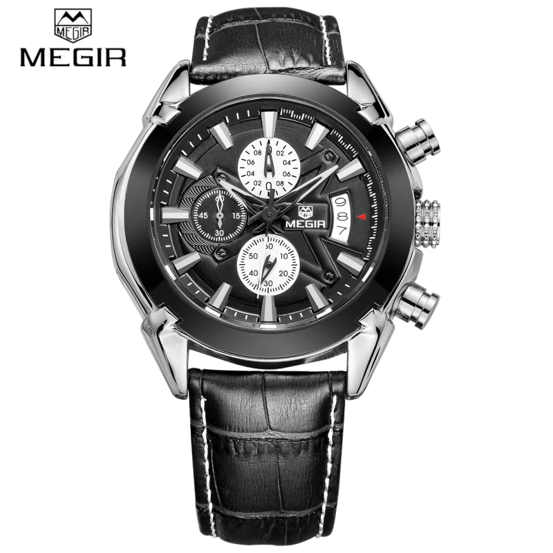 

2016 MEGIR Genuine Leather Sports Watches Men Casual Quartz watch Military Chronograph Men's Brand Luxury Famous Wristwatch
