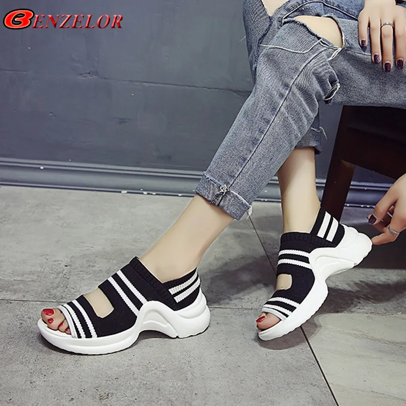 

BENZELOR 2019 Summer New Peep Toe Striped Shoes Women Sandals Platform Thick soled Fashion Ankle Strap Femme Ladies Sandalias