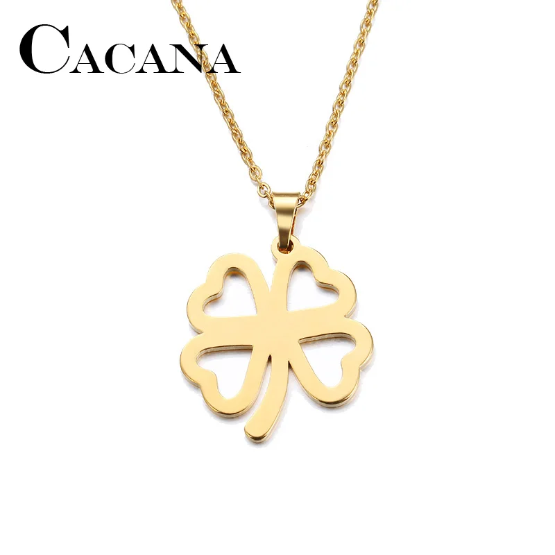CACANA Stainless Steel Necklace For Women Man Lover's Hollow Clover Gold And Silver Color Pendant Necklace Engagement Jewelry