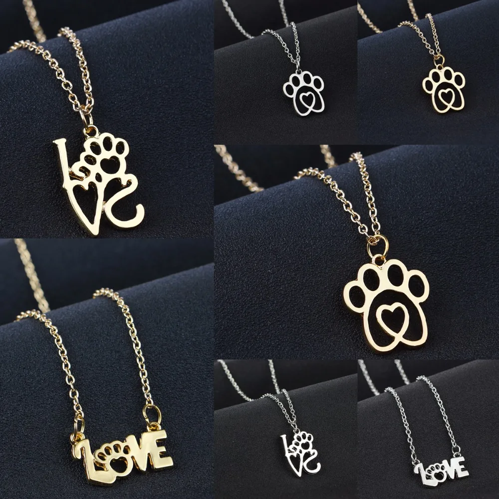 Charm I Love Paws Chain Necklace Cute Pets Dog Paw Claw Love Heart