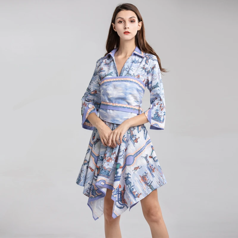 

Red RoosaRosee Women 2019 Spring Summer New Europe Turn-down Collar Three Quarter Sleeve Print Elegant Asymmetrical Dress