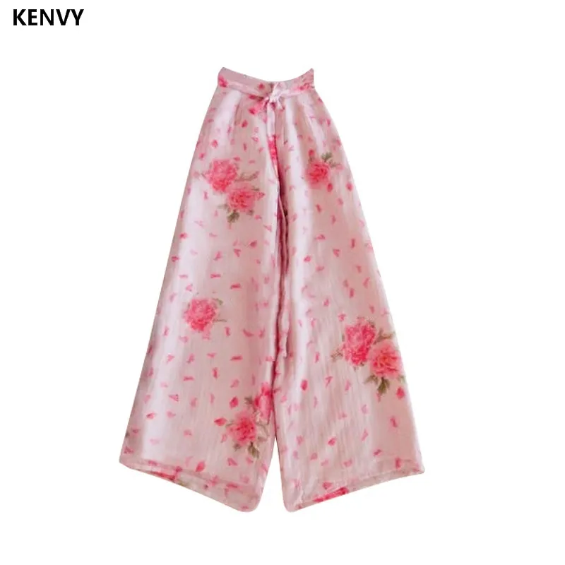 KENVY Женская мода бренд высокого класса люкс весенне-летний свободный крой Печатный шифон тонкие широкие брюки