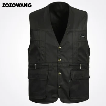 

Zozowang 2020 new Vest Men Cotton Sleeveless Jackets Blue Casual Fishing Vest with Many Pockets Plus Size Outdoors Waistcoat