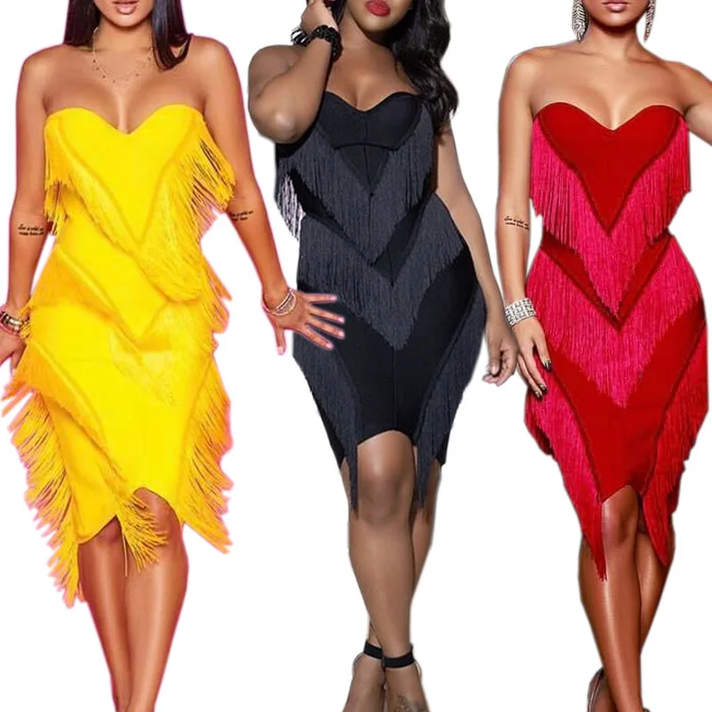 

2019 new women strapless plunging tassel splicing knee-length sexy party dress midi club night bodycon dresses 3 colors CY808