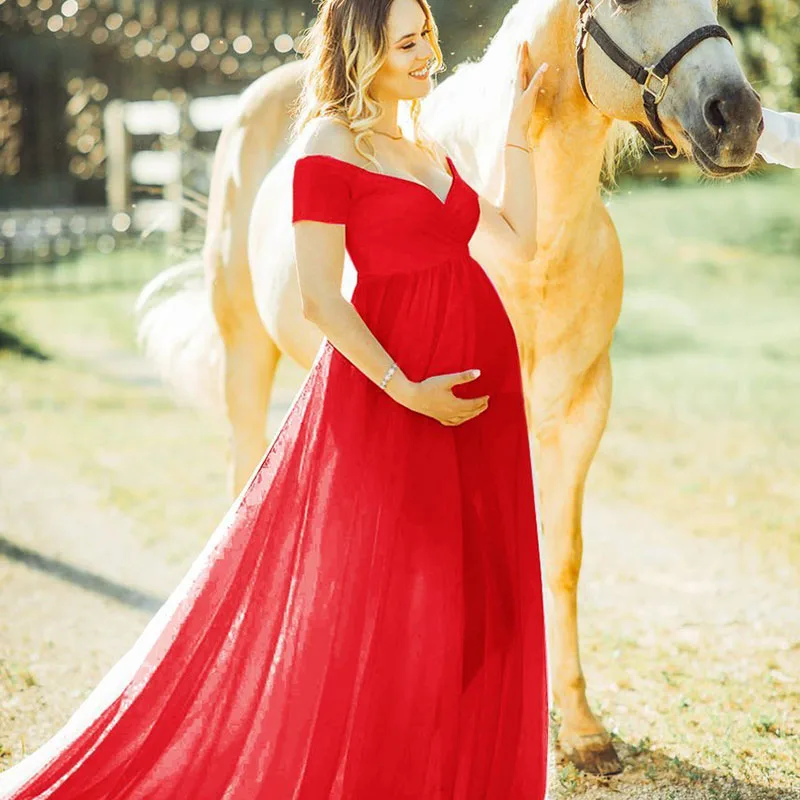 Elegant Maternity Dresses for Photo Shoot Sexy V Neck Off Shoulder Pregnancy Photography Dress Pregnant Women Party Maxi Clothes - Цвет: Красный