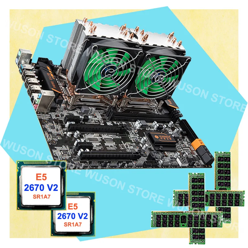 Best Price PC hardware supply HUANAN ZHI dual CPU X79 LGA2011 motherboard 64G RAM REG ECC Dual CPU Intel Xeon E5 2670 V2 SR1A7 with coolers Best Price PC hardware supply HUANAN ZHI dual CPU X79 LGA2011 motherboard 64G RAM REG ECC Dual CPU Intel Xeon E5 2670 V2 SR1A7 with coolers