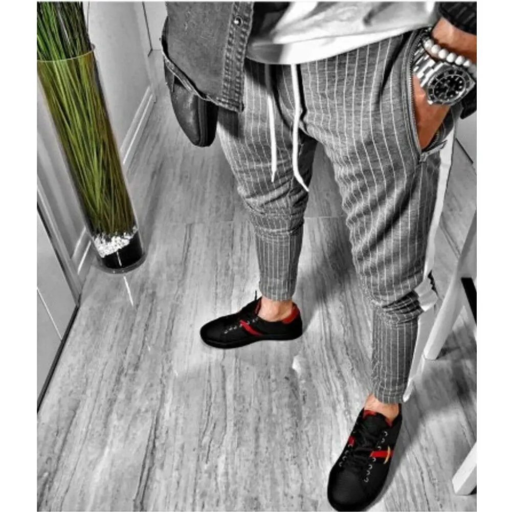 Hot Men Pants Hipster Jogger Elastic Gym Fitness Workout Track Side Color Strip Summer Spring Casual 4