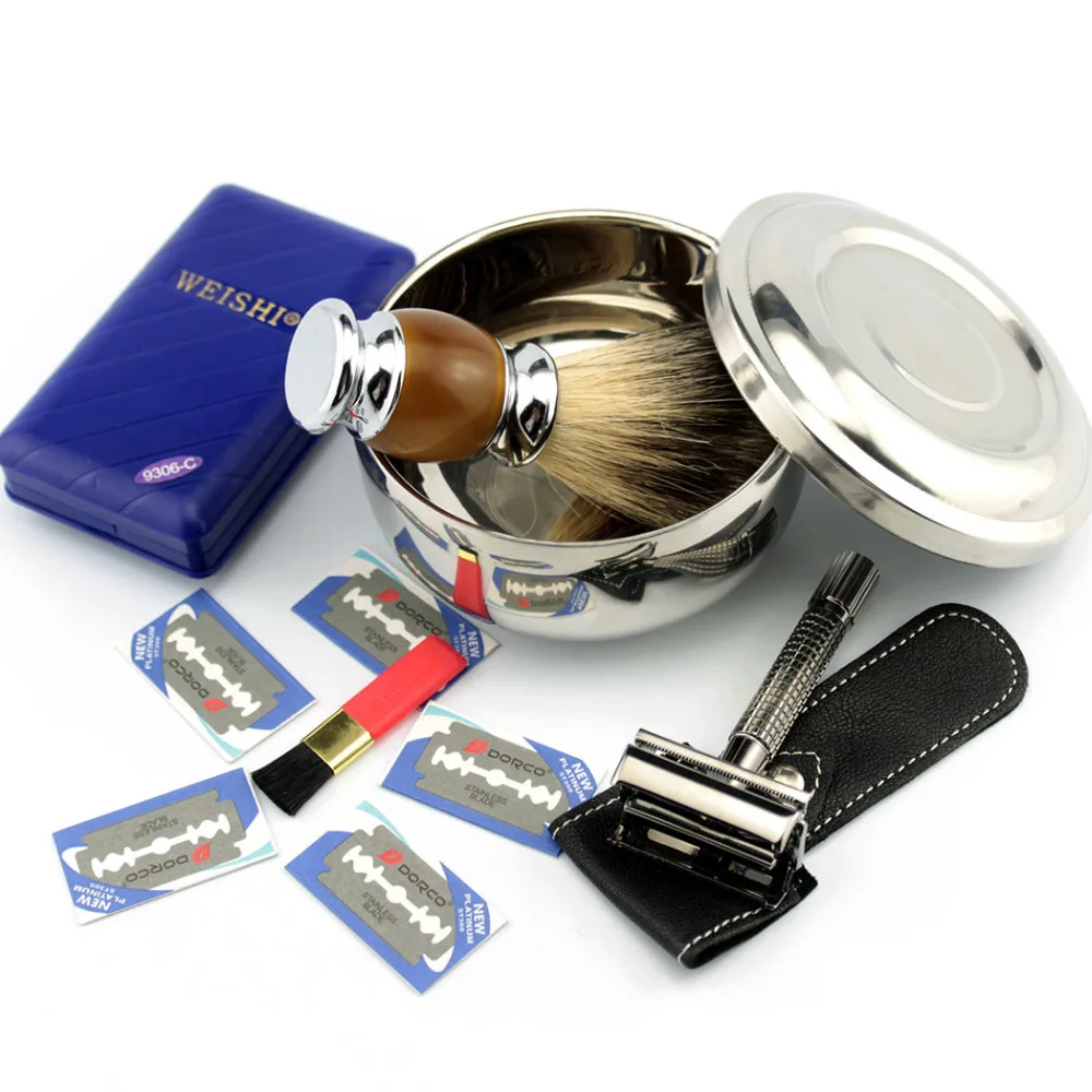 

Pro Double Edge Safety Razor + Pure Badger Brush+ Bowl +Pouch Mens Shaving Gift