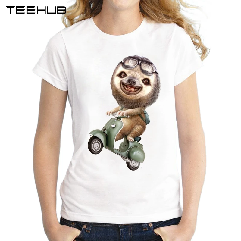 New 2018 Women Summer Funny Rideing Sloth Printed Short Sleeve T shirt