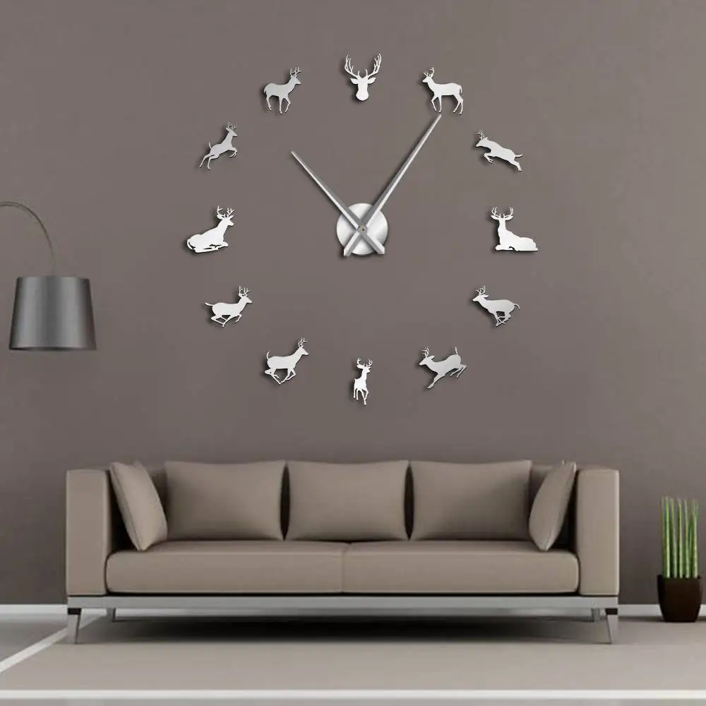 Online Cabeza de ciervo gigante DIY Reloj de pared, cazador de ciervos moderno asta de ciervo de reloj de pared de acrílico espejo efecto animales a casa Decoración