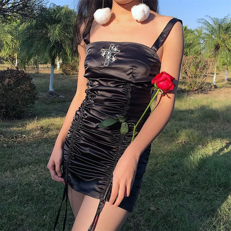 

Arrive New Rose Cross Embroidery Dark Street Black Gothic Dress Metal Silk Touch Women Mini Goth Dresses Summer Cosplay Harajuk