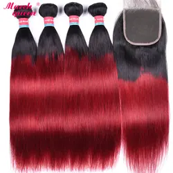 Марта queen человеческих волос 4 Связки с закрытием Ombre T1B/бордовый красный перуанский прямые волосы с 4x4 кружева закрытия волосы младенца