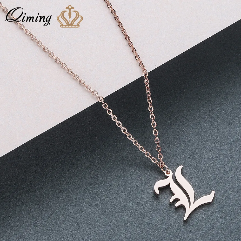 

QIMING Stainless Steel Metal Korean Necklace Women L Initial A - Z 26 Letter Old English Style Vintage Pendant Necklace Girls