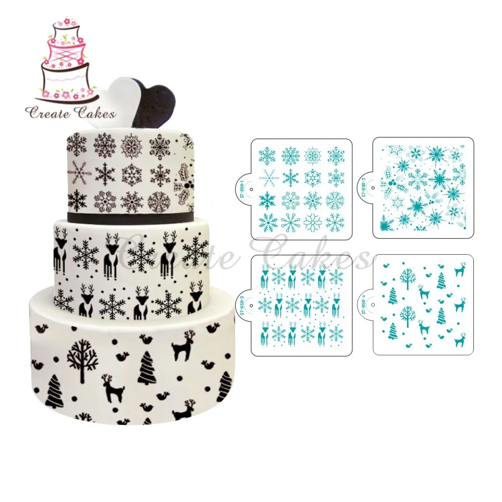 4pcs Set Christmas Cake Stencil Snowflake Pattern Stencil For Cake