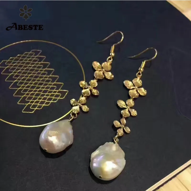 

ANI 14k Roll Yellow Gold Women Pearl Dangle Earring Natural White Baroque Shape Pearl Drop Fine Jewelry Hyperbole Party Earrings