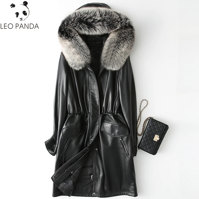 

Genuine Leather Sheepskin Jacket Fox Fur Collar White Duck Down Winter Coat Women Korean Slim Long Coat Plus Size M-4XL WHF 43